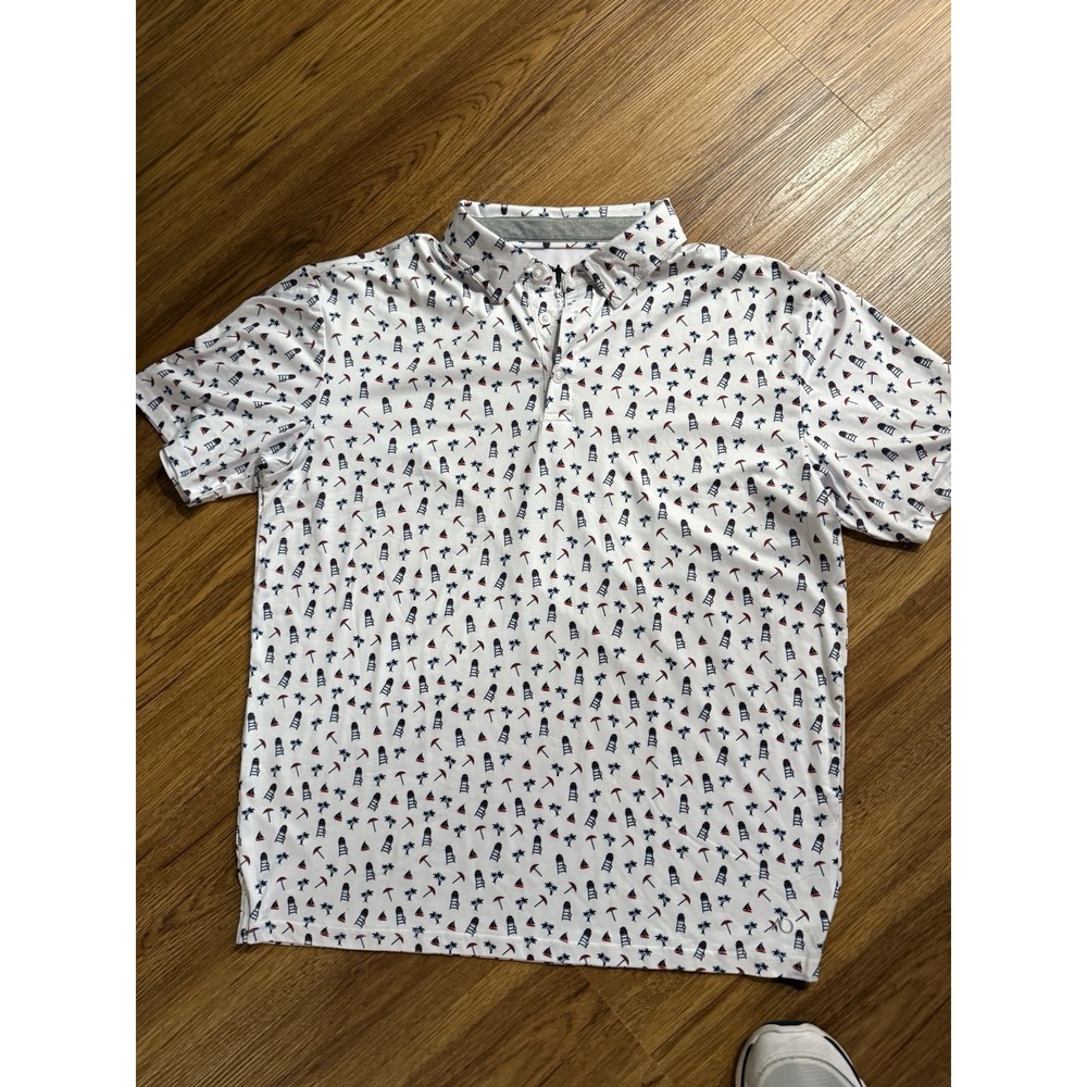 AndersonOrd Shirt‎ Mens L Performance Golf Polo Palm Trees, Umbrella, Life Guard